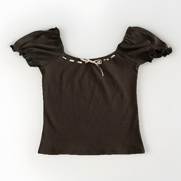 Frankee & Skylarr Brown Ribbed‎ Bow Top Women’s Size Large Puff Short Sleeves - Picture 7 of 7